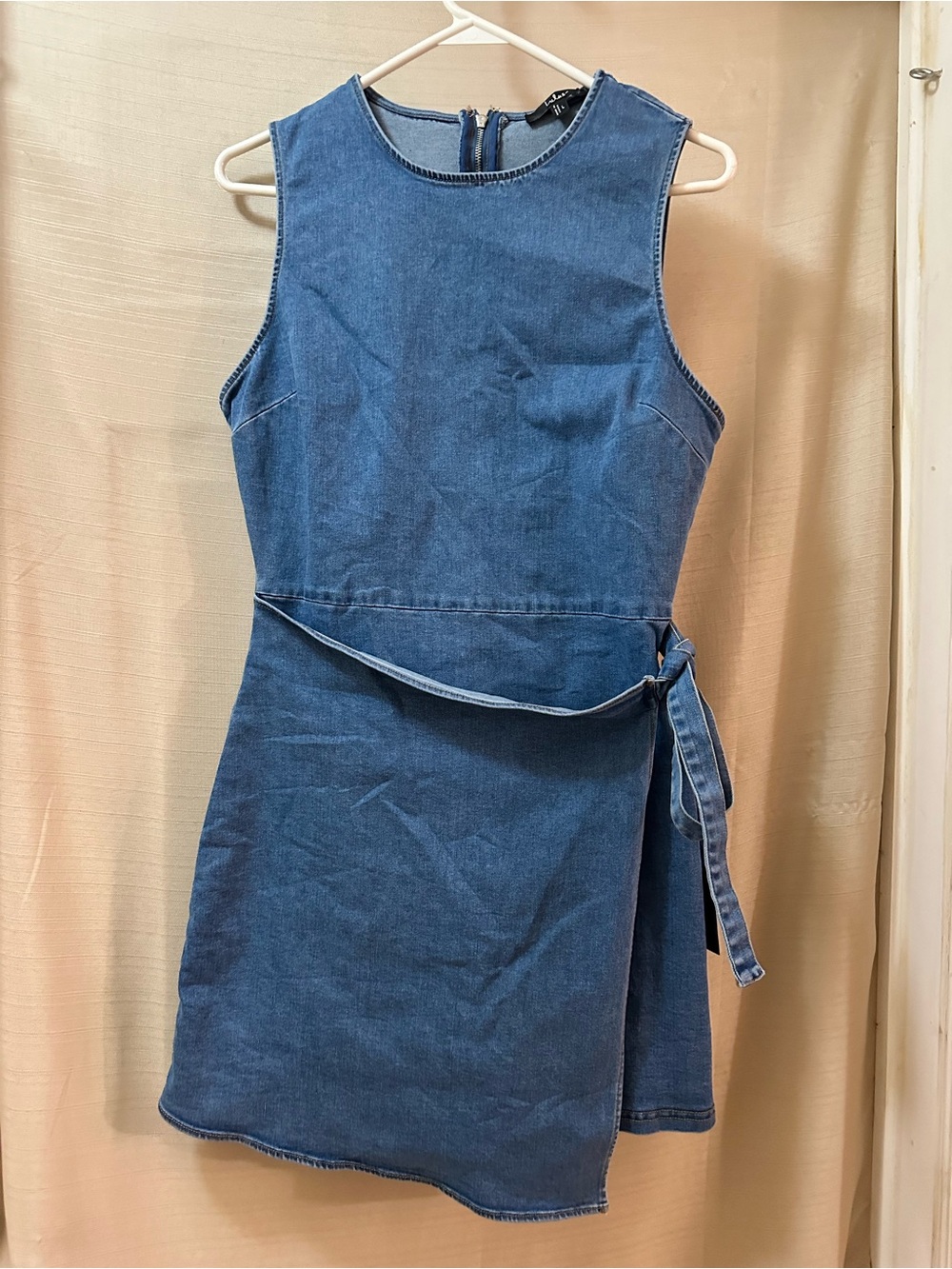 Lulus Denim Wrap Mini Dress Large Sleeveless Tie Waist Back Zip Blue Jean